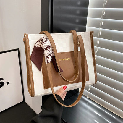 Patchwork Contrast Color Handbag Women's Casual Fashion Tote Bag Large Capacity Single Shoulder Bag Women's Silk Scarf Bag