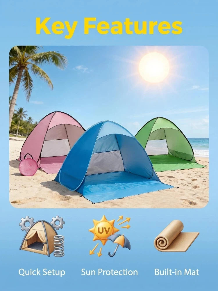 1-Piece Instant Pop-Up Beach Tent for Family, Spacious Triangle Outdoor Shade with Carrying Bag – Lightweight Polyester, Portable for Camping, Hiking & Travel