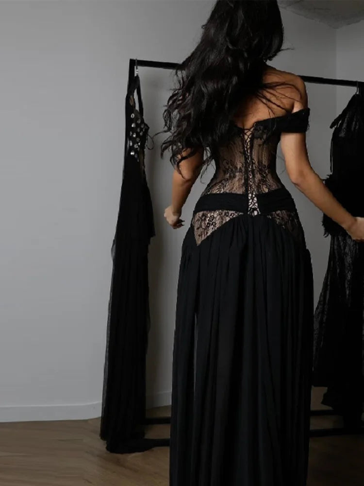 Elegant Lace Patchwork Slit Strapless Dress Sexy Off-shoulder High Waist Long Skirt New Trendy Party Y2k Robe Gothic Style Gown