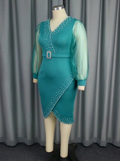Luxury Evening Dress V-neck Bead Belt Mesh Lantern Long Sleeve Sexy Women's Party Classy Office Ladies Wedding Guest Gowns