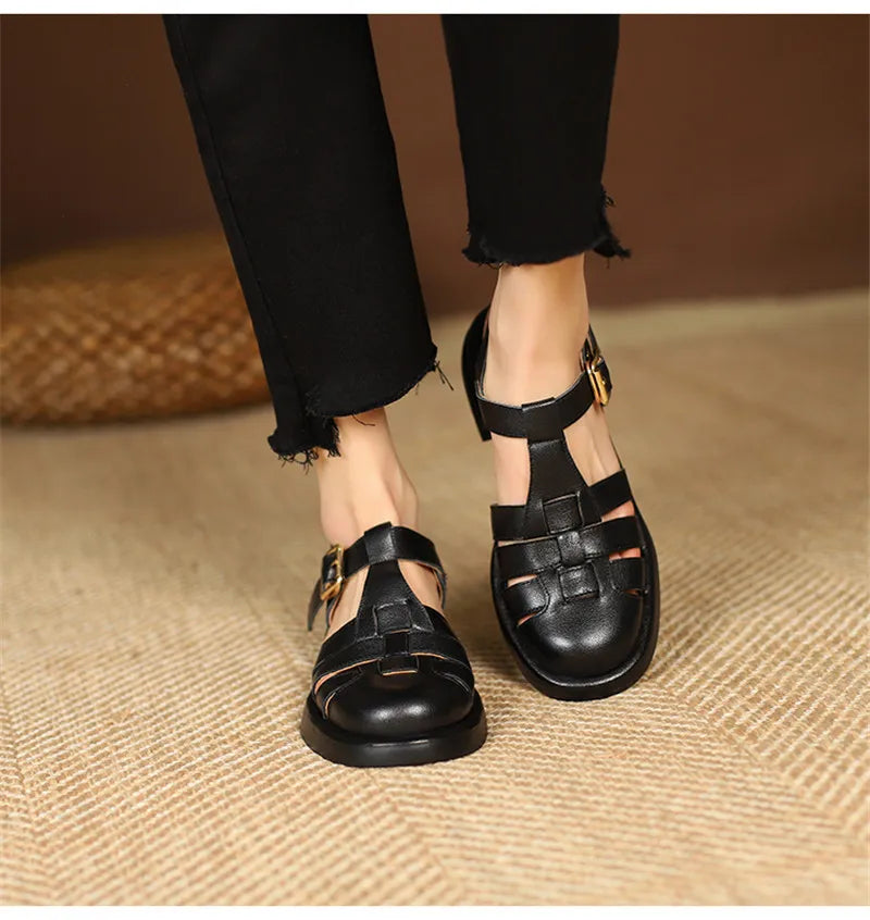 2023 Women Sandals Retro Genuine Leather Luxury Roman Sandals Casual Buckle Strap Summer Shoes GLADIATOR Thick Heel Women Shoes