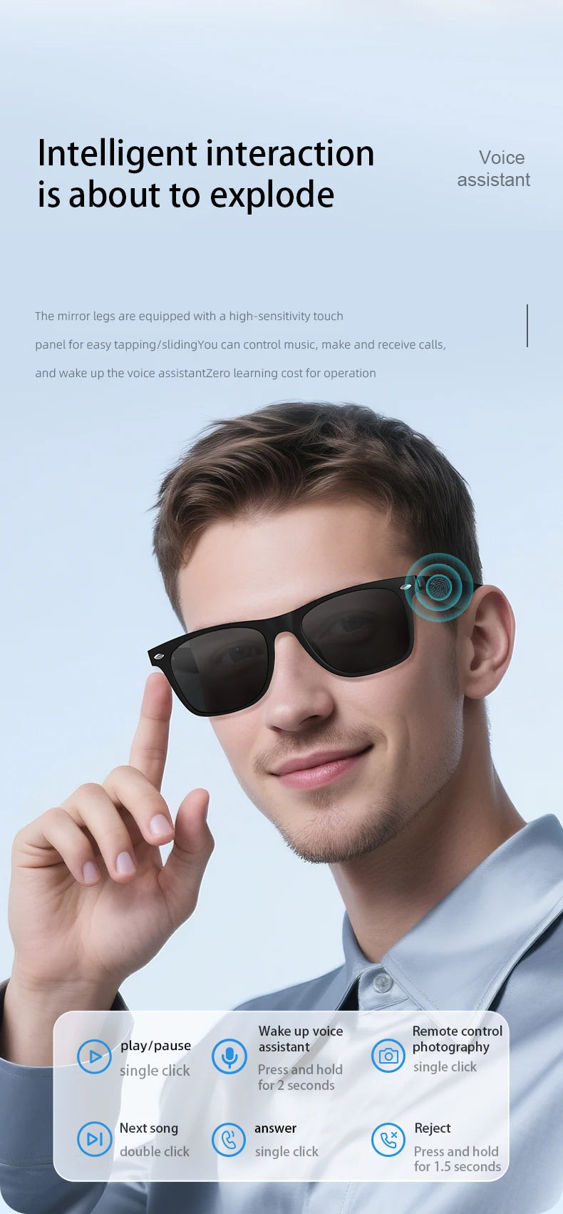 Smart Translator Glasses Headphones Bluetooth Wireless Earphones Anti-Blue Light Sunglasses Hi-Fi Audio Headset for Music Travel