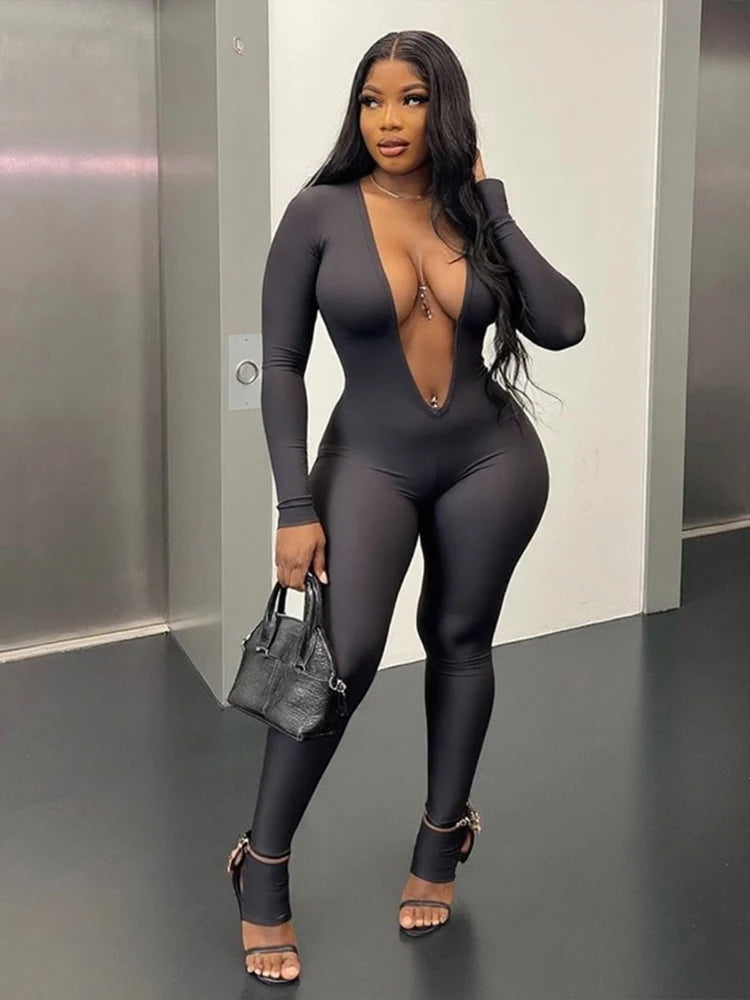 Nibber Backless Jumpsuit Women Deep v-Neck Long Sleeve Solid Skinny High Stretch Sexy Midnight Coquette Basis Wild Fall Outfits
