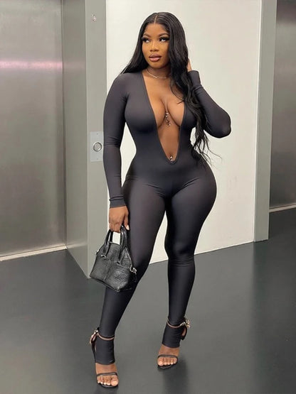 Nibber Backless Jumpsuit Women Deep v-Neck Long Sleeve Solid Skinny High Stretch Sexy Midnight Coquette Basis Wild Fall Outfits