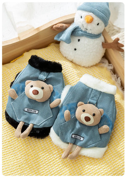 Cat autumn and winter thickened warm pocket three-dimensional bear denim traction vest small dog dog pet clothes