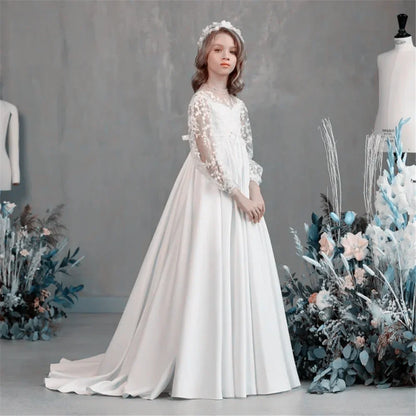 Lovely White Satin Flower Girl Dress for Wedding Dresses Little Princess Bow Kids Birthday Party Evening Customise Gowns