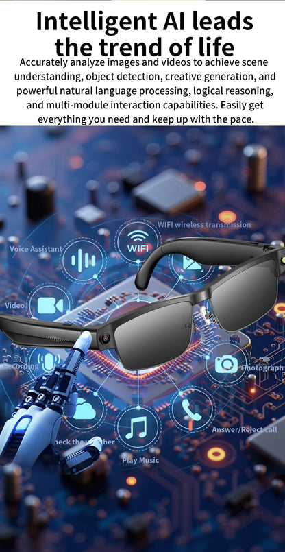 2026 Smart Glasses 800W HD Camera Anti Shake Video Recording Music AI Object Recognition WIFI Transmission BT Call Smart Glasses