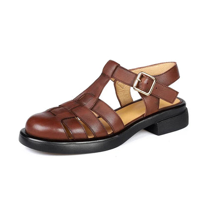 2023 Women Sandals Retro Genuine Leather Luxury Roman Sandals Casual Buckle Strap Summer Shoes GLADIATOR Thick Heel Women Shoes