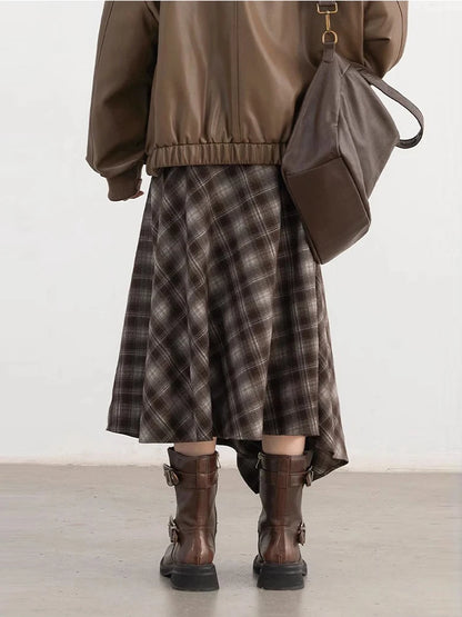 CHIC VEN Women Skirts A Line Retro Loose High Waist Irregular Color Plaid Frosted Half Body Long Ladies Skirt Autumn Winter 2026