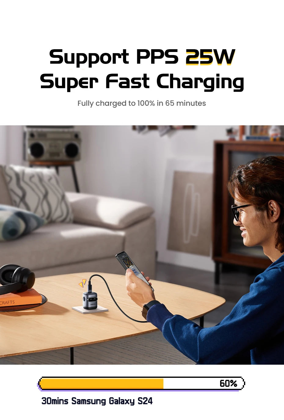 【US Plug】UGREEN Robot Design 30W GaN Charger QC4.0 3.0 PPS PD3.0 Fast Charger For iPhone 16 15 14 Pro Samsung Xiaomi iPad Air