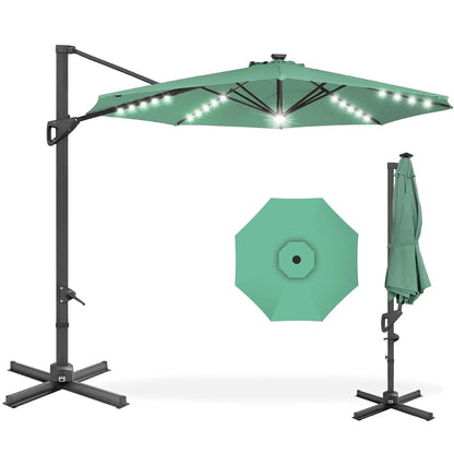 10ft Solar LED Cantilever Patio Umbrella, 360-Degree Rotation Hanging Offset Market Outdoor Sun Shade for Backyard,, Customized