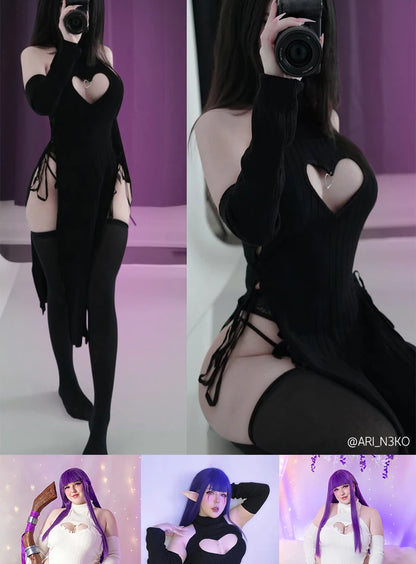 KORURACLUB Sexy Women heart Turtleneck sweater Soft knitted cheongsam long Backless dress