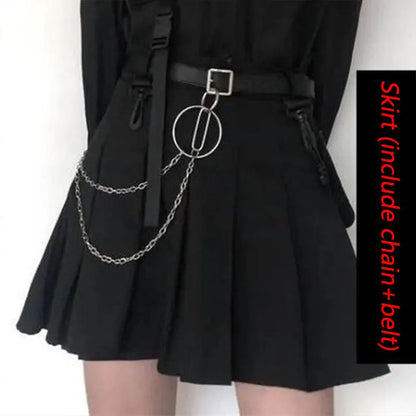 Gothic Skirt Set Loose Shirt Pleated Mini Skirts 2 Piece Sets Korean Retro Casual Outfits Women Spring Summer Aesthetic Y2k Suit