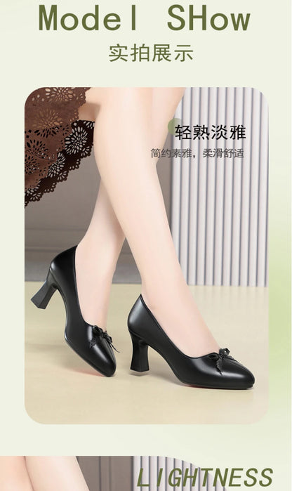 Womens Elegant Bow Decor Block Heel Pumps Smooth Faux Leather Upper Pointed Toe Design Comfort Cushioned Insole NonSlip Outsole