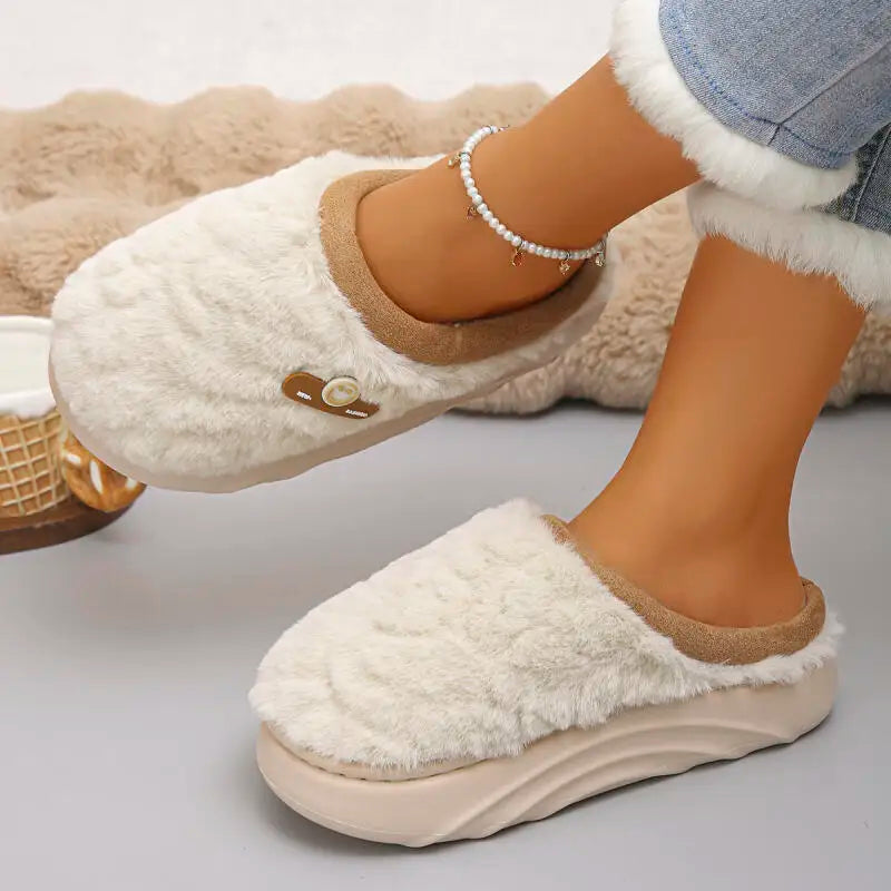 Thick Sole Plush Winter Slippers for Women Indoor House Chunky Platform Fluffy Slippers Woman Non Slip Warm Couples Cotton Shoes