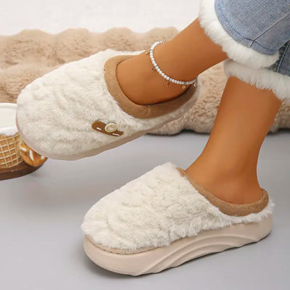 Thick Sole Plush Winter Slippers for Women Indoor House Chunky Platform Fluffy Slippers Woman Non Slip Warm Couples Cotton Shoes