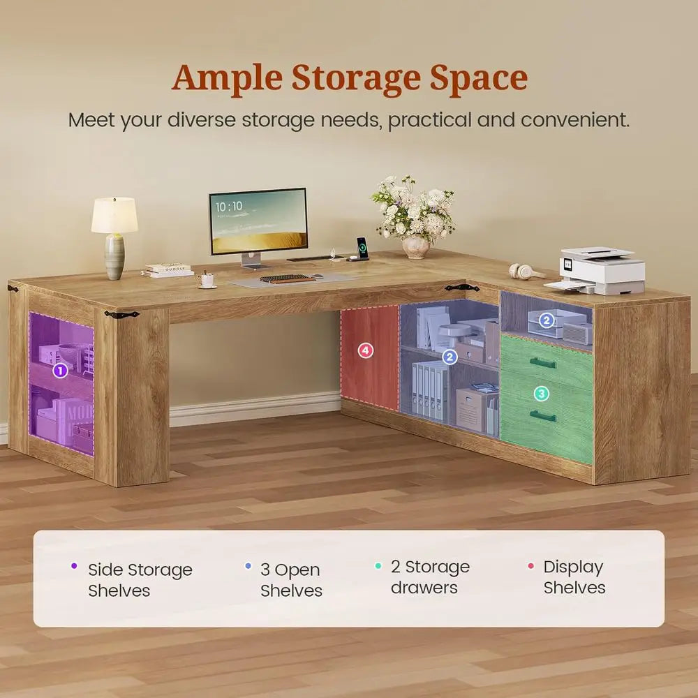 Large L-Shaped Office Desk with Storage, Power Outlets, and Lateral File Cabinet in Oak Finish