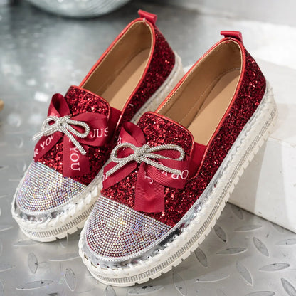 Women Sneakers 2025 New Luxury Crystals Bowknot Loafers Sequined Flat Platform Shoes Couple Fashion Plus Size Sneakers Women