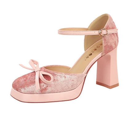 Velvet Platform Ankle Strap High Heels With Bow Block Heel Party Prom Evening Formal Comfortable Thick Heel Closed Toe Sandals