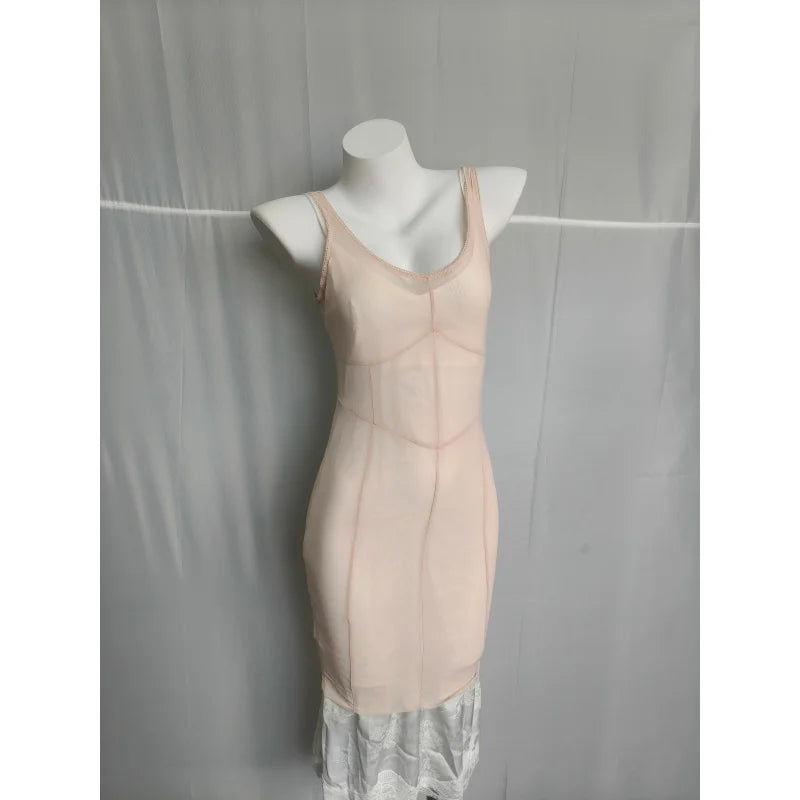 Sheer Mesh Overlay Lace Hem Slip Midi Dress Slim Spaghetti Strap 2026 Summer Elegant Women Bodycon Dress Trendy Date Lady Gown
