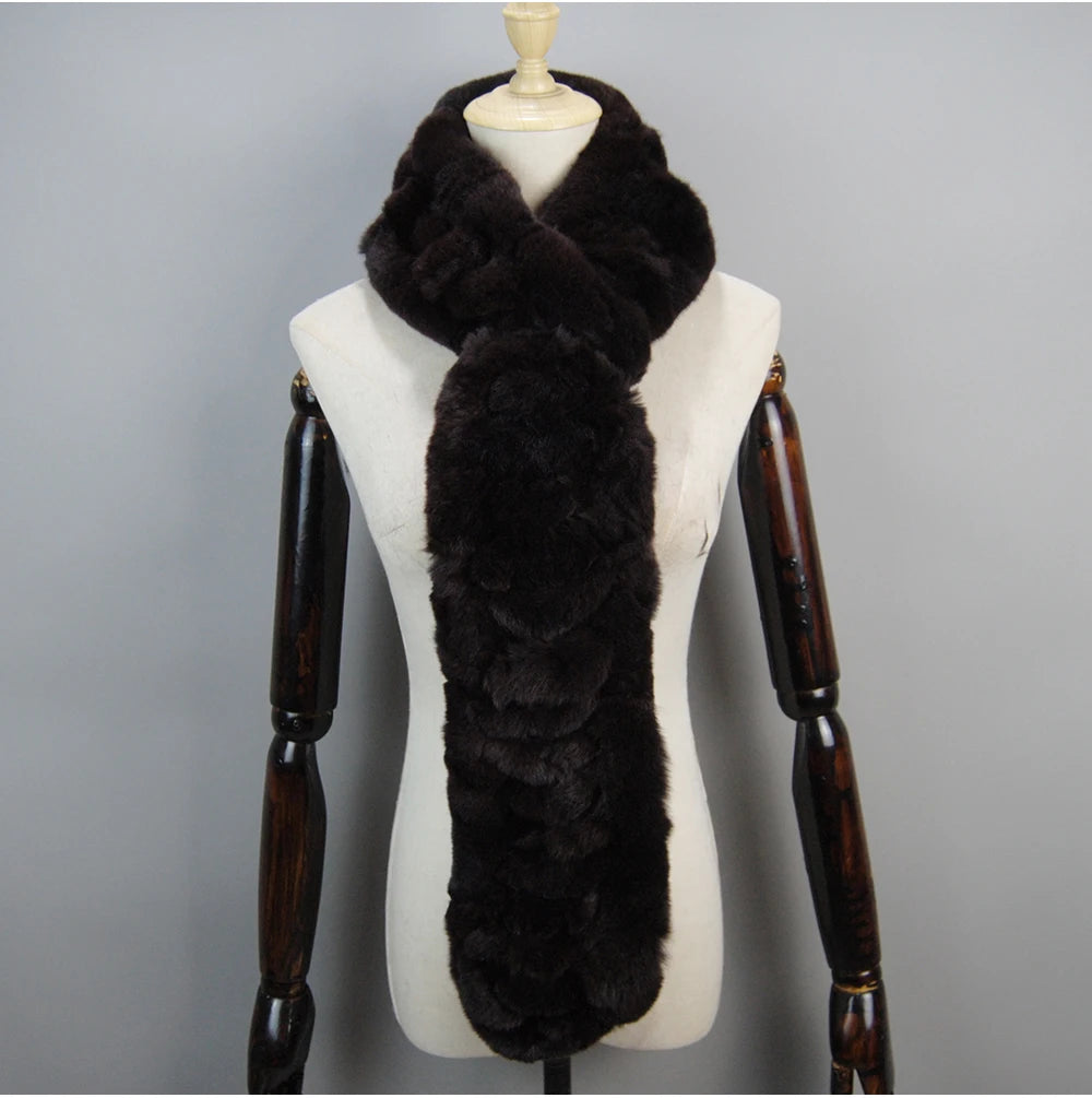Winter Women Knitted Real Rex Rabbit Fur Scarf Natural Soft Long Style Rex Rabbit Fur Muffler Lady Warm 100% Genuine Fur Scarves