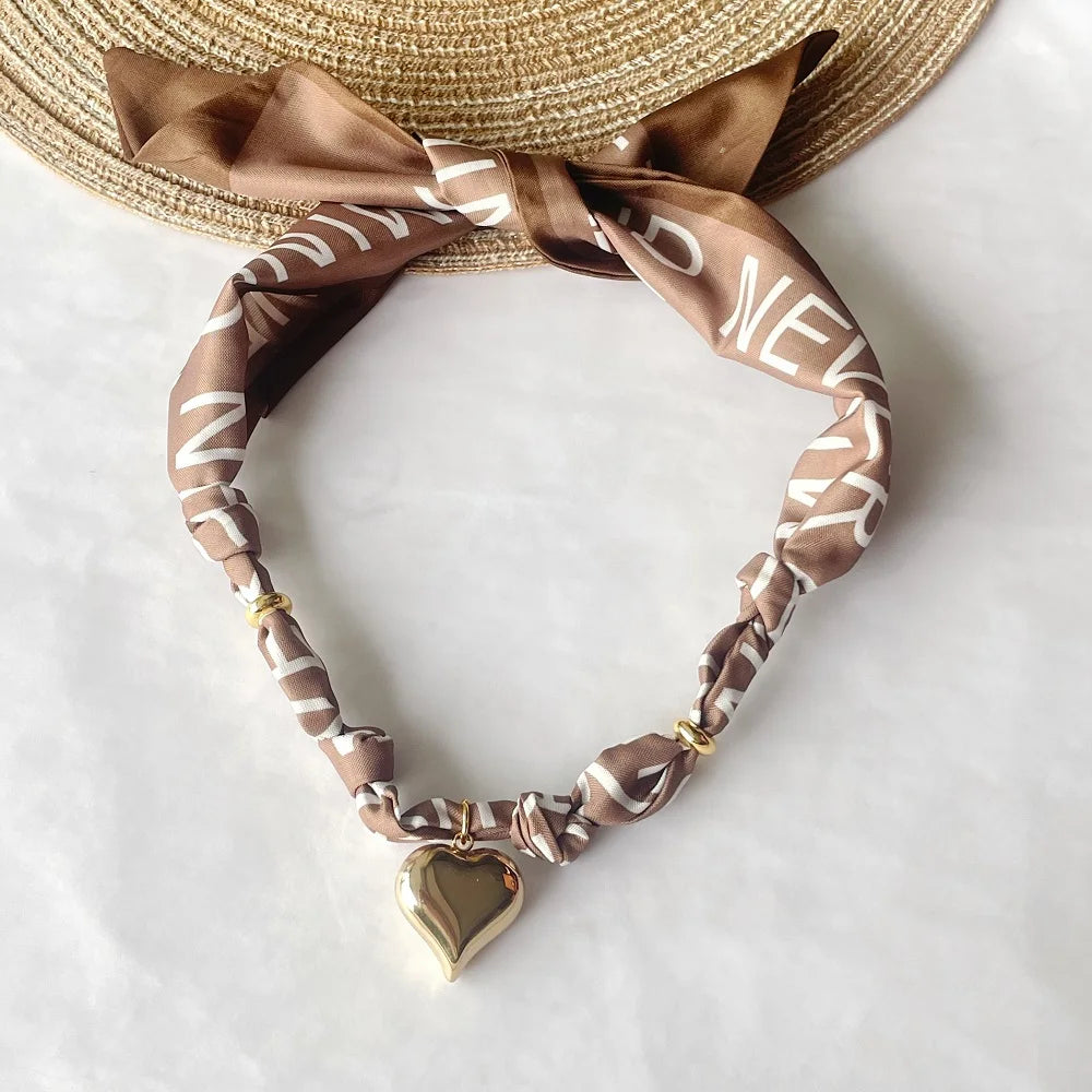 Women’s Fashion Scarf Necklace with Large Stainless Steel Heart Pendant Stackable Bandana Jewelry
