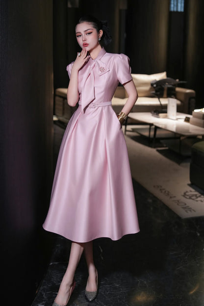 ZJYT Sweet Pink Bow Collar Dress for Women Short Sleeve Midi Formal Party Aline Vestidos Elegant Spring Summer Designer 2025 New