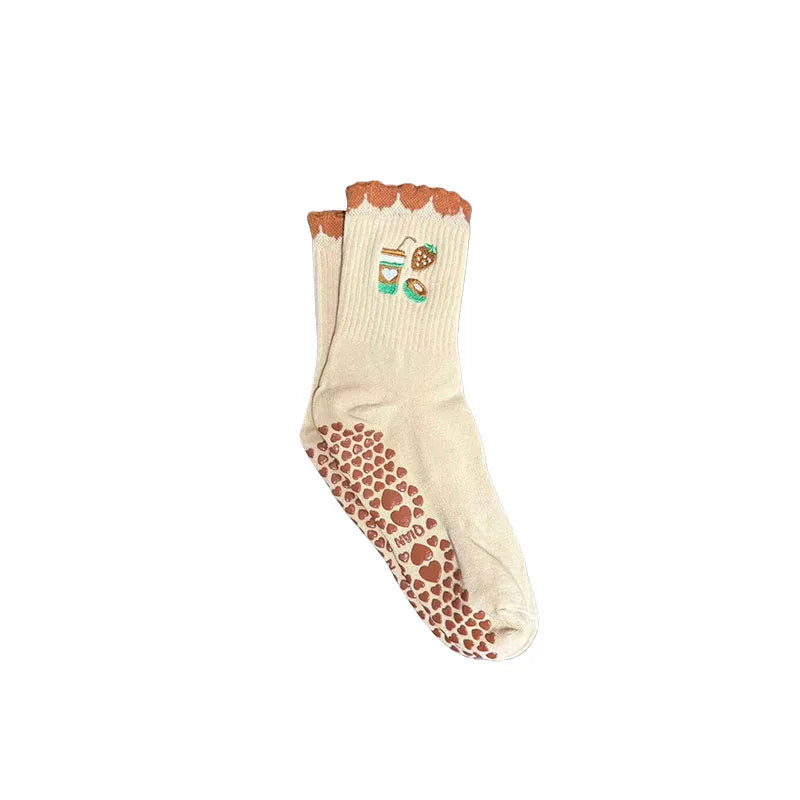 European sizes 36-43, 1 Pair of Heart-Shaped Lace Embroidered Yoga Socks, Mid-Calf Length, for Women
