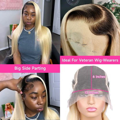 1B 613 Blonde Ombre Human Hair Wigs 13x6 Lace Front Wig Pre Plucked HD Transparent Lace Blond Black Roots Straight 180% Density