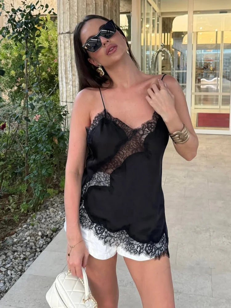 Sexy Floral Lace Satin Patchwork Camisole Vest For Women Summer Y2K Sleeveless Backless Tank Holiday Evening Party Lady Chic Top