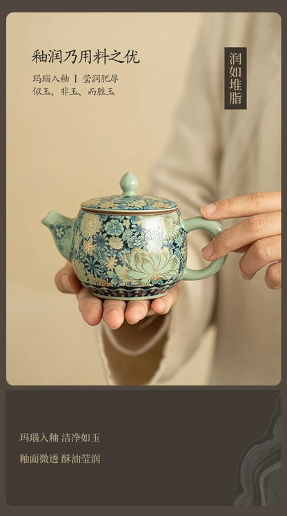Ru Kiln Ceramic Teapot Gilded Peony Western Han Tile Pot Kung Fu Tea Set Household Tea Pot