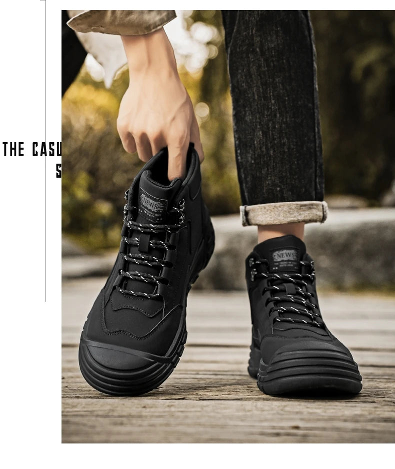 Original Black Leather Ankle Boots For Men Outdoor Non-slip Work Boots Men's Motorcycle Boots Platform High Top Bikers Shoes Man
