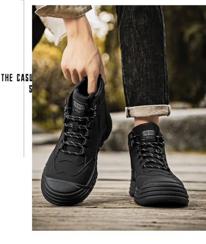 Original Black Leather Ankle Boots For Men Outdoor Non-slip Work Boots Men's Motorcycle Boots Platform High Top Bikers Shoes Man