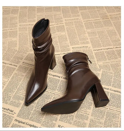 Autumn Womnen's High Heel Ankle Boots New Winter Plus Velvet Pointed Toe Chunky Heel Chelsea Boots for Women Heeled Sheos Dress