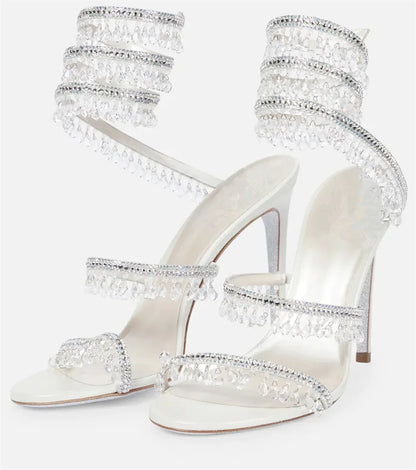 Crystal Wrap Sandals Women Summer 2025 Wedding Shoes High Heel Party Shoes Ankle Strappy Sandals Designer Stiletto Heel Shoes