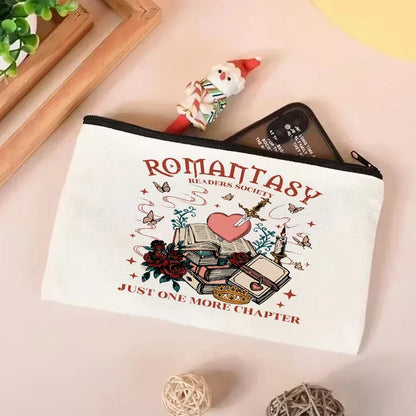 Romantasy Book Tote Bag Canvas Tote Bag  Shoulder Bag with Makeup Bag Literary School Handbag Casual Bags