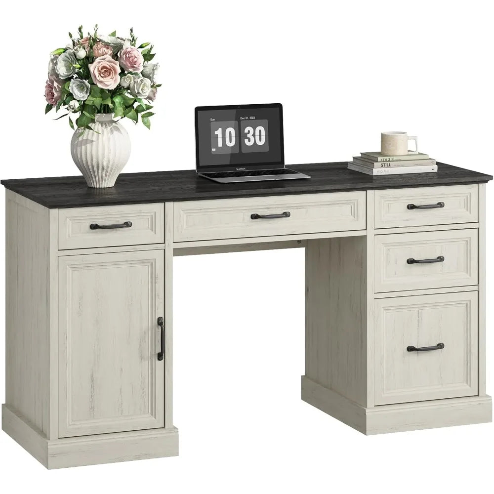 58'' Farmhouse Executive Desk with Drawers, Home Office Desk with File Drawer and Storage Cabinet, Rustic Computer Desk