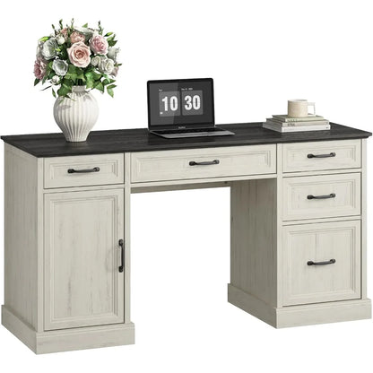 58'' Farmhouse Executive Desk with Drawers, Home Office Desk with File Drawer and Storage Cabinet, Rustic Computer Desk