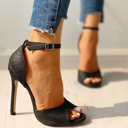 Dress Wedding Shoes Women Ankle Strap Peep Toe High Heel Sandals Sexy White Super High Heels Buckle Snake Pattern Woman Pumps