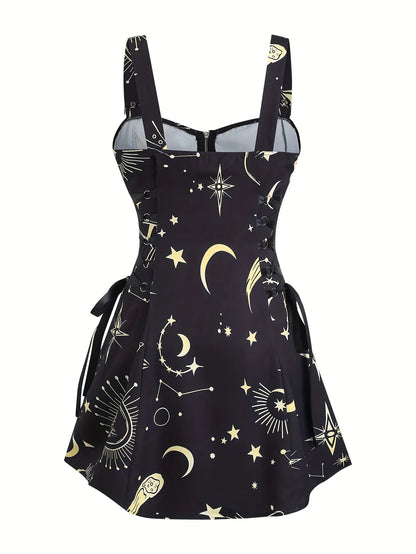 European and American trend oversized ladies slimming shoulder strap zipper full print skull pattern dress