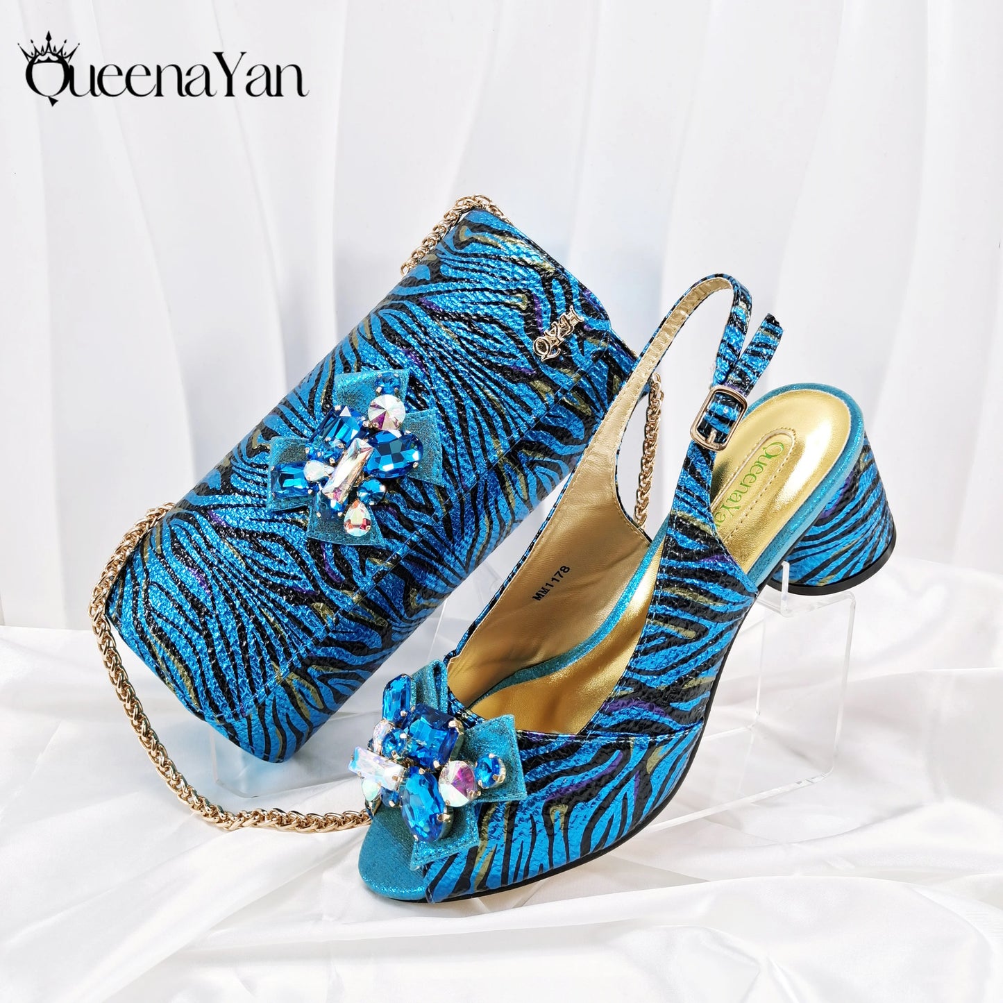 Queena Yan 2025 Women Elegant Gold High Heel Shoe and Matching Bag Set with Rhinestone Accents Stylish Peep Toe Design for Party