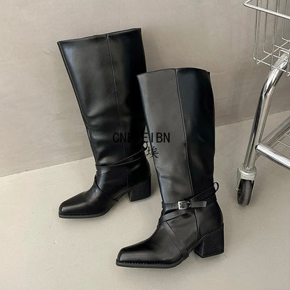 New Women Square Toe Cross Strap Buckle Knee High Boots Leather Chunky Heel Vintage Tall Boots Ladies Daily Commute Botas Mujer