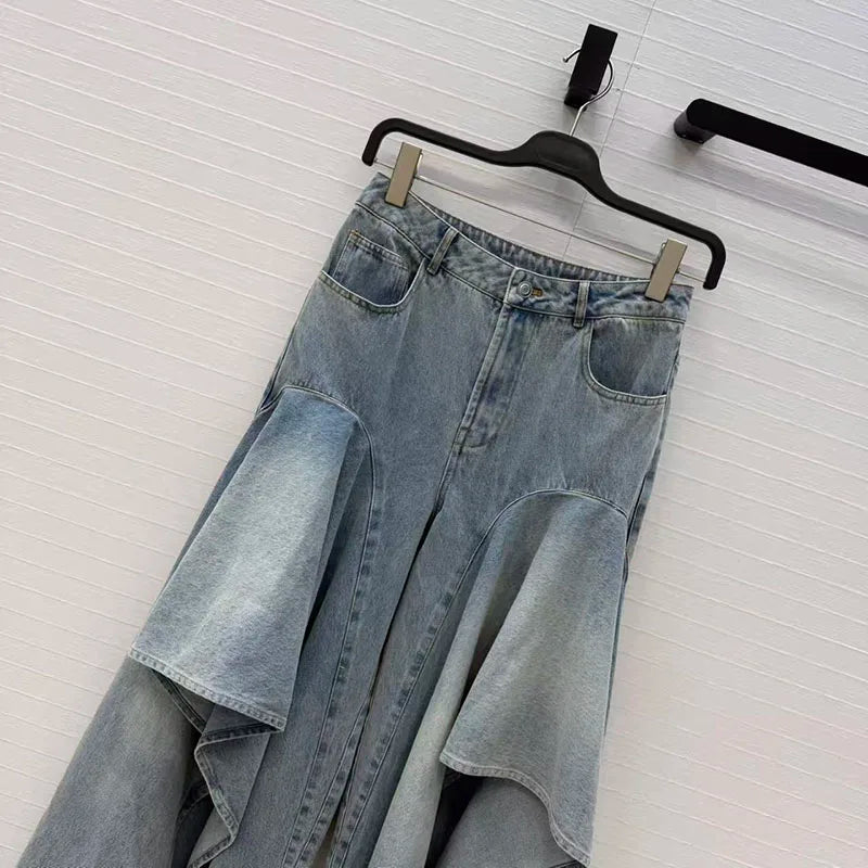 Irregular ruffled denim flared pants for women - high-waisted, loose-fitting, slimming, floor-length pants. 2026 new style.