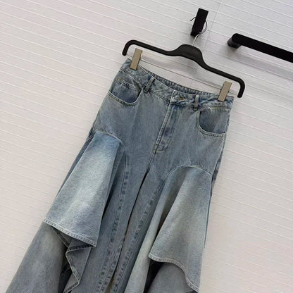 Irregular ruffled denim flared pants for women - high-waisted, loose-fitting, slimming, floor-length pants. 2026 new style.