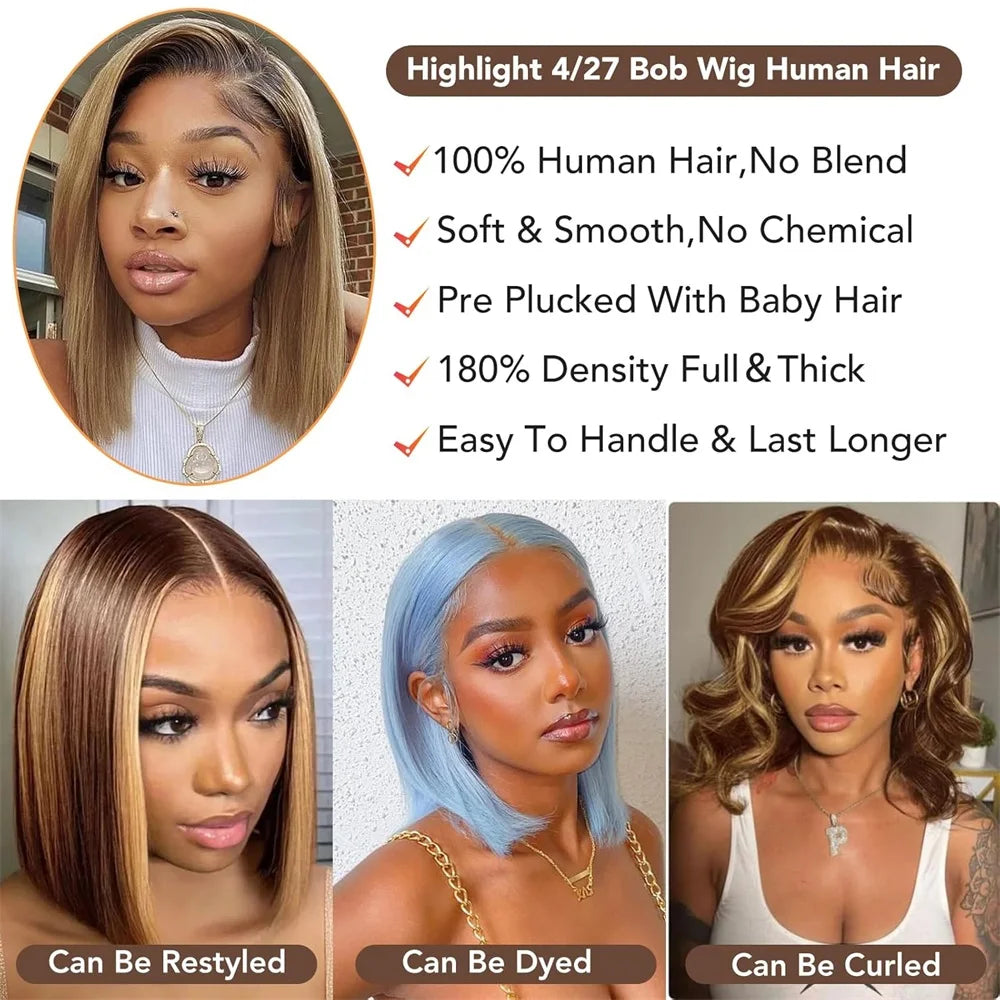 Highlight 13x4 Lace Front Bob Wig Human Hair P4/27 Honey Blonde Straight Bob Wig Human Hair Pre Plucked with Baby Hair
