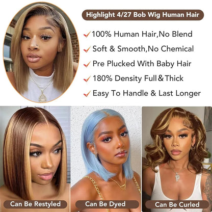 Highlight 13x4 Lace Front Bob Wig Human Hair P4/27 Honey Blonde Straight Bob Wig Human Hair Pre Plucked with Baby Hair