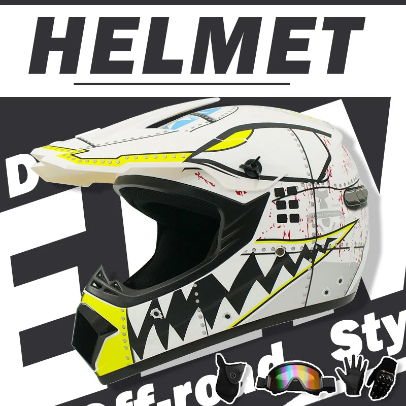 Motocross and Off-Road Helmet Set - Extreme Youth Challenge Full Helmet, Goggles, Gloves, and Protective Gear