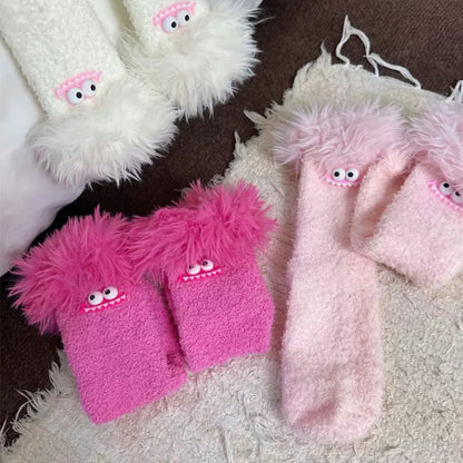 Funny Big Mouth Monster Plush Socks Cute And Fun Plush Socks Thick Coral Velvet Cartoon Sleeping Socks Winter Women Socks Gifts