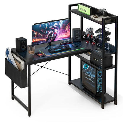 40 Inch L Shaped Computer Desk with Reversible Storage Shelves, Home Office Corner Desk Study Writing Table with Hutch, Study,