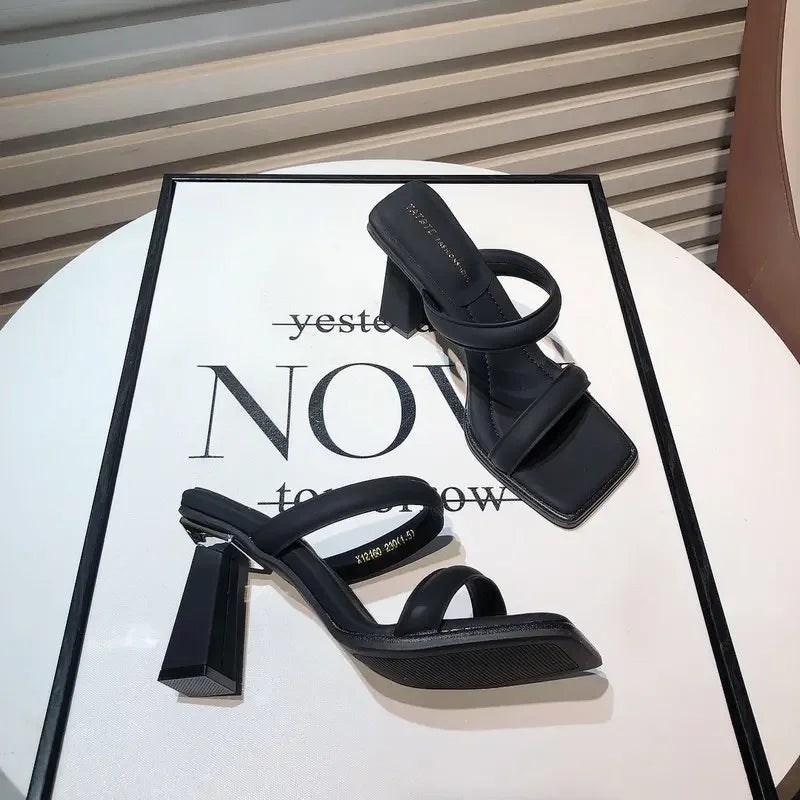 High-Heeled Shoes Lady Square heel'    Luxury Slides Block 2025 Summer Soft Designer Flat Rubber Fabr